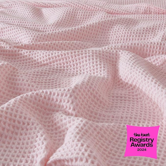 100% Cotton Pink Blanket Full/Queen Size for Bed - Breathable and Soft, Waffle Weave for Summer Spring, 90x90 Inches (Blush)