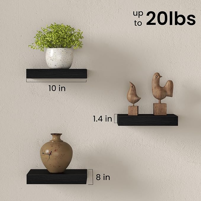 Fun Memories Floating Shelves for Wall with Invisible Brackets, 10 Inch Wall Mounted Wood Shelves with Wood Grain for Living Room, Bedroom, Bathroom, Kitchen Decor and Storage, Black - Set of 3