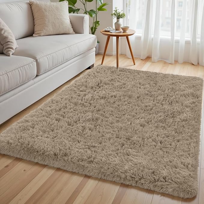 4x6 Area Rug for Living Room, Ultra Soft Fluffy Shag Rugs for Bedroom, Non-Slip Large Fuzzy Plush Rug Indoor Floor Carpet for Nursery Kids Office Dorm Modern Decor, Gray Camel