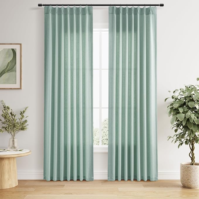 Guken Aqua Green Pinch Pleated Linen Curtains 84 Inches Long 2 Panels Elegant Modern Farmhouse Boho Window Curtain for Living Room Bedroom Semi Sheer Back Tab Draps with Hooks Rings Aesthetic Decor