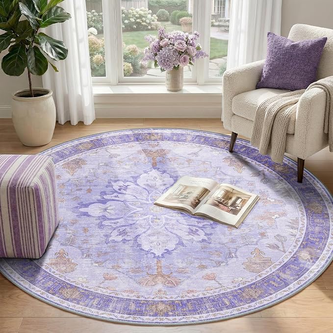 RELEANY Area Rugs 4ft Washable Non-Slip, Floral Vintage Distress Print Pattern Medallion Carpet for Living Room Bedroom Dining Room, Light Purple Brown