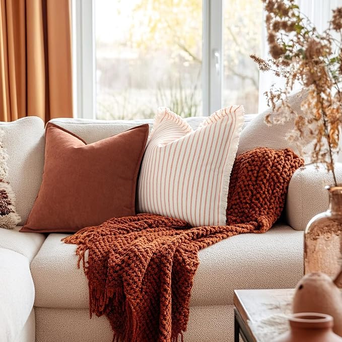 ZWJD Rust Throw Pillow Covers 18x18 Set of 2 Chenille Fall Pillow Covers with Elegant Design Soft and Luxurious Decorative Throw Pillows for Couch, Bed, and Home Decor