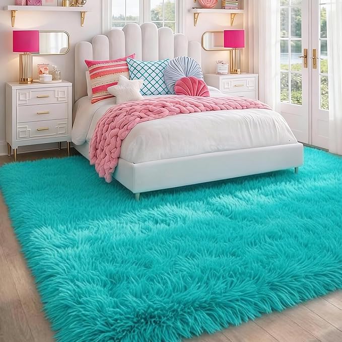 PAGISOFE Soft Fluffy Teal Area Rugs for Bedroom Kids Room Living Room Rug Shag Furry Carpet for Boys Girls Room Modern Plush Decorative Nursery Rugs Solid Accent Floor Rugs Dorm 4' x 6', Blue