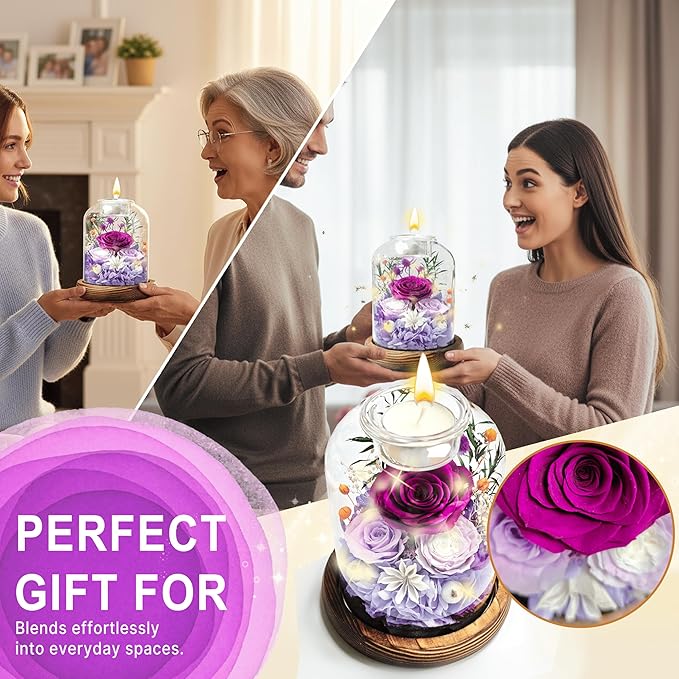 Gifts for Mom, Preserved Rose Flowers in Glass Dome, Forever Flowers for Delivery, Eternal Rose, Birthday Gifts for Women, Mothers Day for Grandma, Wife, Daughter, Anniversary(Purple)