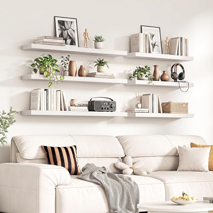 Fun Memories 48Inch Floating Shelves for Wall, 8 Inch Deep Shelves for Bathroom|Bedroom|Kitchen, Large Wall Mounted Wood Hanging Shelf with Invisible Brackets for Home Storage Decor, White - 2 Pack