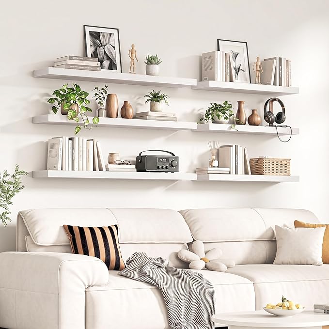 Fun Memories 32Inch Floating Shelves for Wall, 8 Inch Deep Shelves for Bathroom|Bedroom|Kitchen Wall Mounted, Wood Hanging Shelf with Invisible Brackets for Home Storage Decor, White - 2 Pack