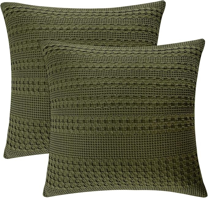 PHF 100% Cotton Waffle Weave Euro Sham Covers, 2 Pack 26" x 26" Bed Pillow Covers for Elegant Home Decor, No Filling, Luxury Aesthetic Soft Euro Pillow Cases for Bed, Capulet Olive