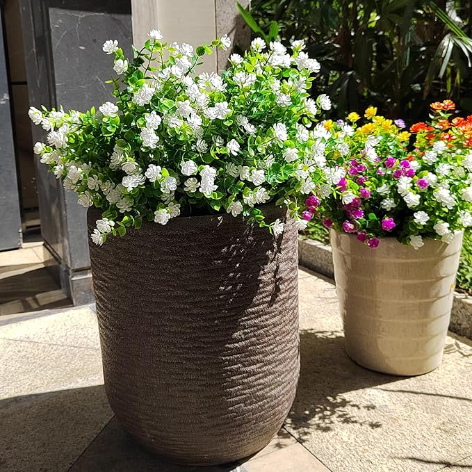 Grunyia 12 Bundles Artificial Flowers for Outdoors, UV Resistant Fake Flowers with Plastic Plants, Faux Flowers for Outside Window Box Front Porch Hanging Planter Decor (White)