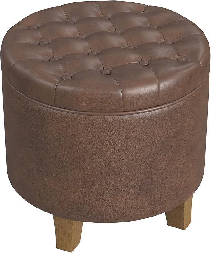 HomePop 19" Faux Leather Button Tufted Round Storage Ottoman - Brown