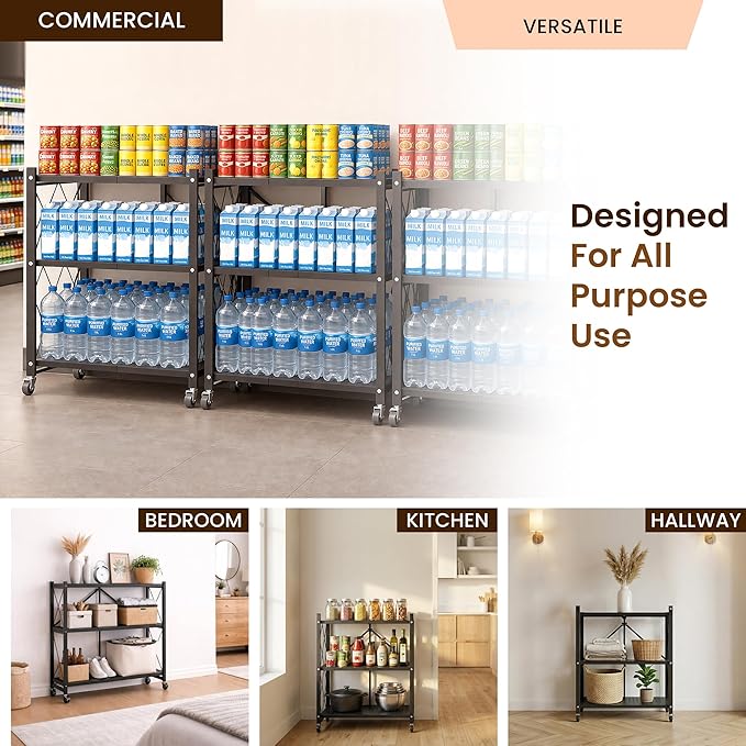 Our Modern Space 3-Tier Foldable Storage Shelf with Wheels | Metal Rack Collapsible Shelving Display | Rolling Cart for Books Kitchen Storage Shelves | Pantry & Closet Organizer | Office Room Decor