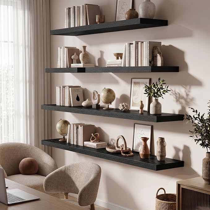55 Inch Floating Shelves for Wall,12 Inch Deep Wall Shelves for Bathroom,Living Room,Bedroom,Kitchen,Decor,Floating Shelf with Invisible Heavy Duty Metal Bracket,Deep Long Shelf Wall Mounted,Black