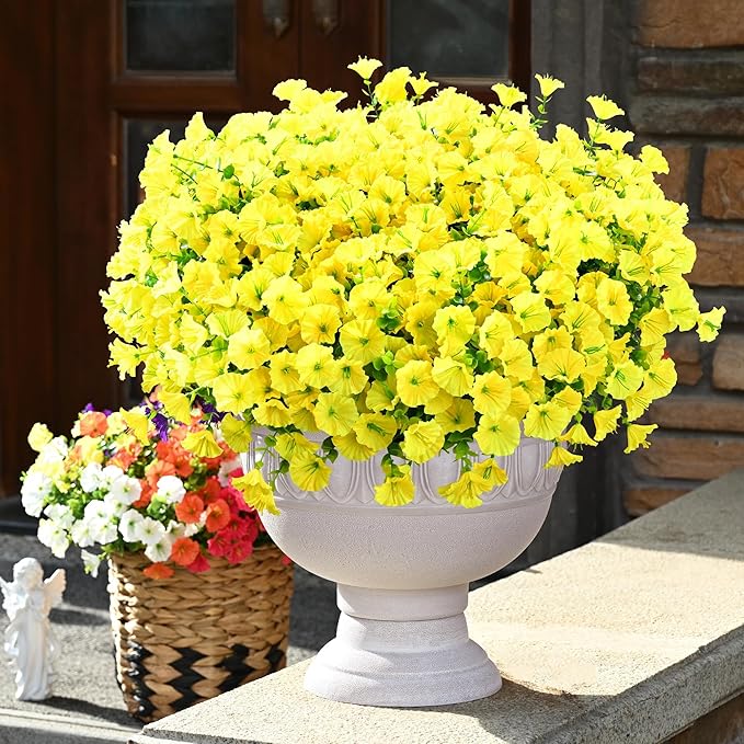 Waipfaru 24 Bundles Artificial Flowers for Outdoors Faux Plants Outdoor, UV Resistant Artificial Plants, Silk Petunias Fake Flowers for Outside Home Decor Planter Porch Decoration, Yellow