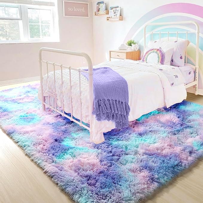 PAGISOFE Cute Kawaii Rugs for Girls Bedroom, 5x8 Rainbow Purple Area Rug, Soft Fluffy Shag Rug for Girls Room Baby Kids Playroom Nursery Classroom Plush Furry Mermaid Rug, Fuzzy Pastel Colorful Carpet