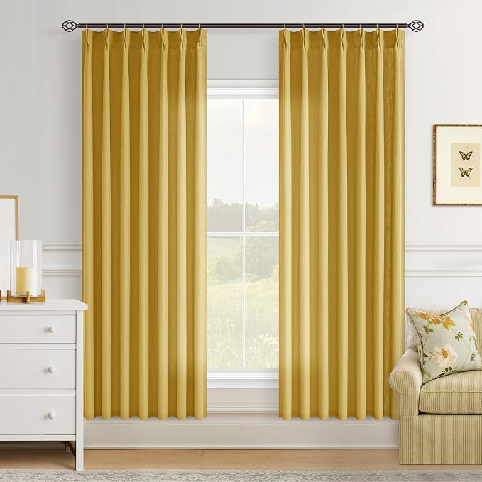 72 Inch Pinch Pleated Linen Curtains 2 Panels for Living Room Bedroom Boho Farmhouse Mustard Ochre Yellow Semi Sheer Back Tab Pinch Pleat Hooks Rings Spring Gold Yellow Window Curtain for Autumn Fall