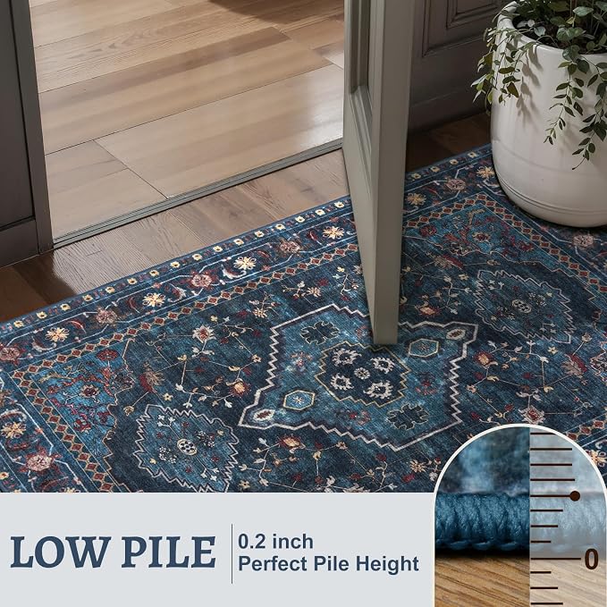 Tangsoo Vintage 4X6 Washable Area Rug, Blue Oriental Indoor for Living Room, Non Slip Machine Washable Large Tumble Rugs, Soft Print Carpet for Bedroom Dining Room Dorm Office Home Decor