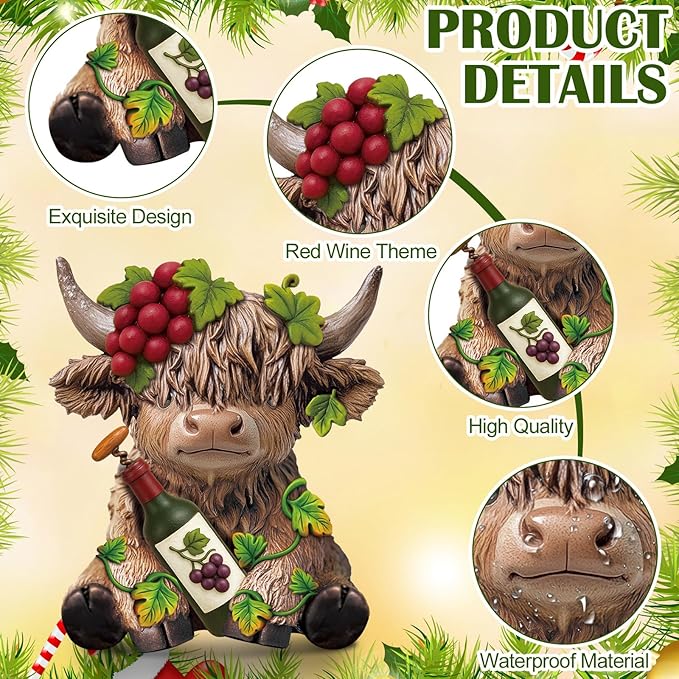 Karenhi 2 Pcs Red Wine Highland Cow Figurines Highland Cow Gnomes Scottish Resin Statue Calf Lovers Gifts for Home Garden Kitchen Office Tiered Tray Table Decor