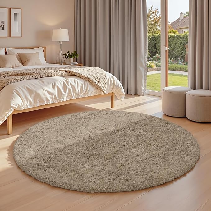 Gray Camel Round Fluffy Rug 6ft,Soft Bedroom Circle Rugs Mats for Kids Girls Nursery Room,Washable Plush Shaggy Indoor Non Slip Rug for Bedside Living Room Bedroom Circular Carpet,Home Decor Aesthetic