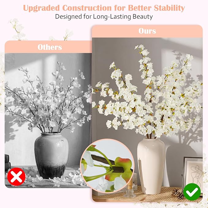 Uieke Silk Cherry Blossom Branches, 39.3in Artificial Cherry Blossom Tree Stems, Fake Plum Blossom Flowers Arrangement for Wedding Home Japanese Decor, Set of 3, White