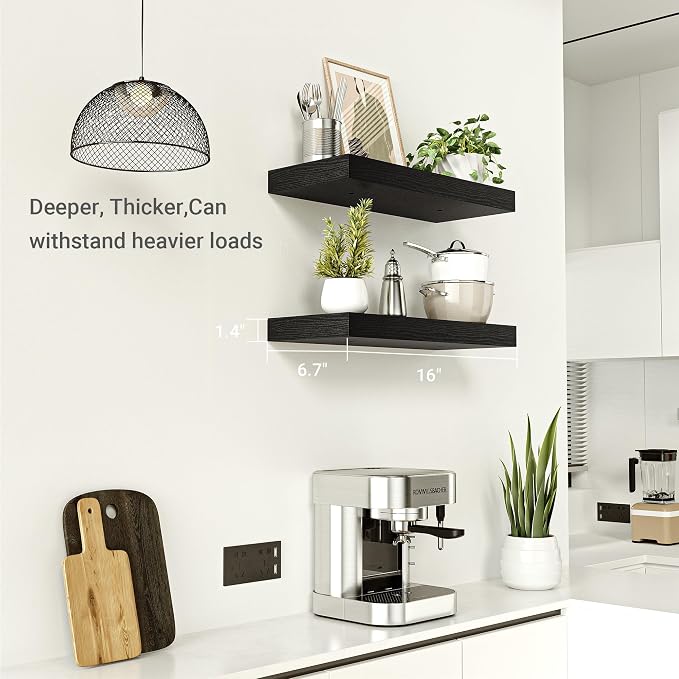 Vivelove Floating Shelves for Wall 6.7" Deep Wall Shelves with Invisible Brackets for Bedroom, Bathroom, Living Room, Kitchen, Office- 16”wx6.7”dx1.4”h, Set of 2, Black