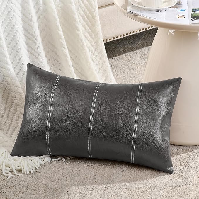 Fancy Homi Dark Gray Long Lumbar Faux Leather Decorative Throw Pillow Covers 14x24 Inch for Outdoor Couch Bed, Modern Farmhouse Boho Home Decor, Charcoal Gray Hand Stitched Cushion Case 35x60 cm