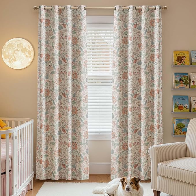 jinchan Nursery Curtains 95% Blackout 90 Inch Long, Pink Floral Curtains for Girls Room, Farmhouse Country Drapes for Living Room, Room Darkening Window Treatments Grommet Top Set 2 Panels