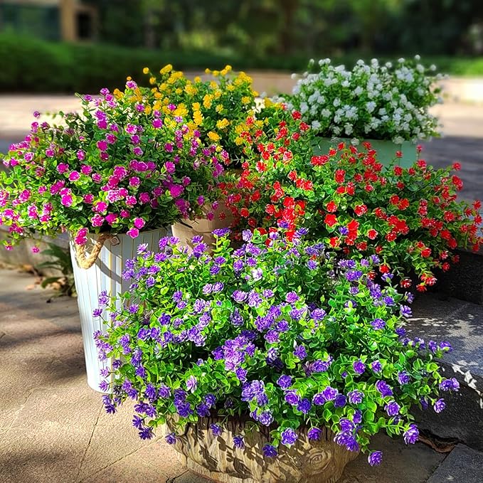 Grunyia 12 Bundles Artificial Flowers for Outdoors, UV Resistant Fake Flowers with Plastic Plants, Faux Flowers for Outside Window Box Front Porch Hanging Planter Decor (Purple)