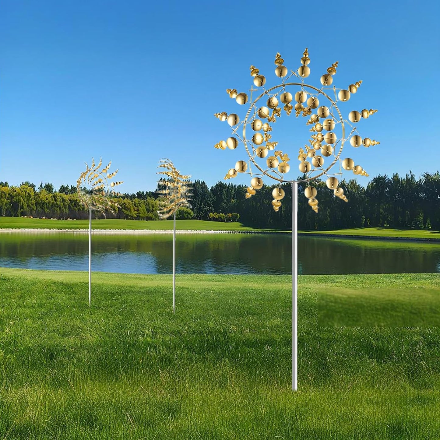 Unique and Magical Metal Windmill, 2Pcs Wind Spinners, 3D Wind Powered Kinetic Sculpture, Stainless Steel Wind Spinners, Wind Mill for Yard and Garden (2PCS-Golden)