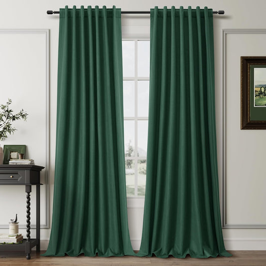 BOODII Room Darkening Curtains Green Black Out Curtains 96 Inches Long 2 Panel Set Back Tab Blackout Linen Curtain for Sliding Door Modern Farmhouse Living Room Window Drapes Soundproof 52x96