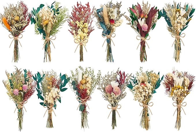 12/24PCS Handmade Dried Flower Bouquet with Stems Natural Dried Wildflowers 7.5 Inch Mini Dry Flowers for Vase Farmhouse Decor, Wedding Styling, Photography Props, Gift DIY(12pcs, Bright)