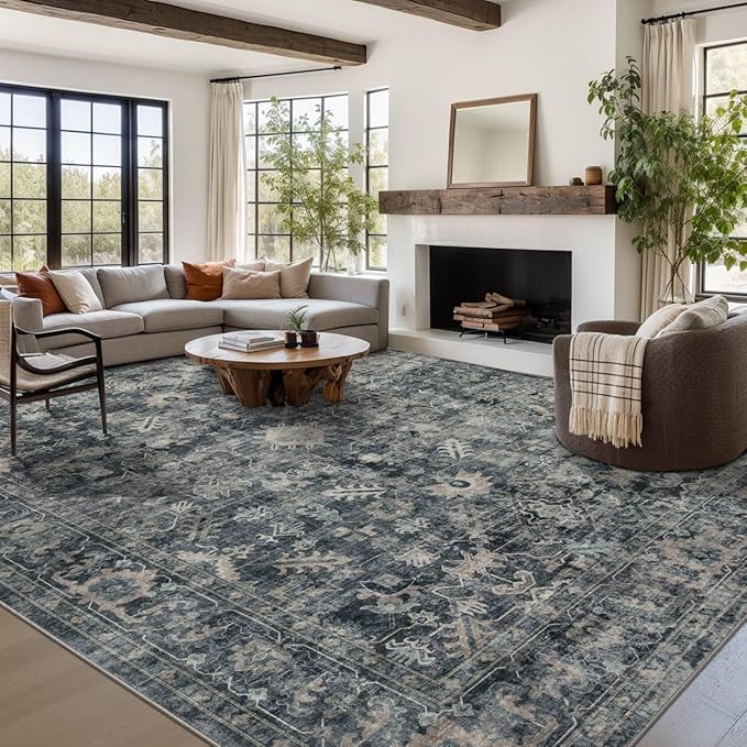 Rugxara 9x12 Area Rugs for Living Room Bedroom, Large Washable Rug, Blue Vintage Retro Boho Rug, Non Slip & Low Pile Faux Wool Thin Carpet for Indoor Dining Room and Kids Room(Blue 9x12ft)