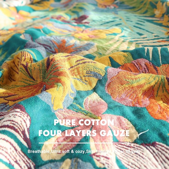 MSGKV Cotton Bed Blanket for Couch and Sofa Blankets for Living Room Bedroom Reversable Florals Throw 80"x90" Summer Breathable Cozy Boho Blankets