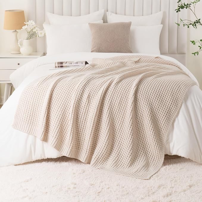 Bunnikins & Clover Cream White Throw Blanket for Couch, Waffle Ivory Throw Blanket for Bed, Warm Decorative White Blanket Throw for Home Decor, 60"x80"