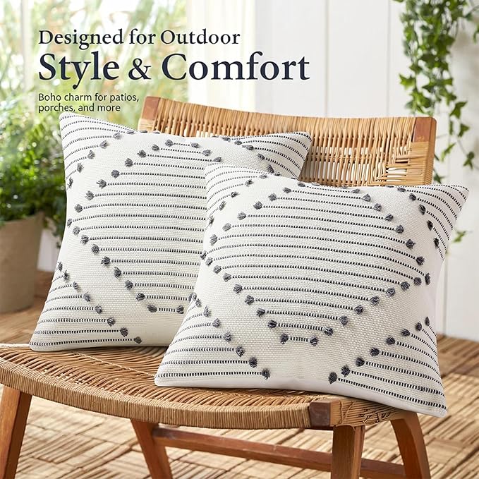 Mecatny Boho Outdoor Throw Pillow Covers 12X20 Set of 2, Farmhouse Lumbar Pillow Covers for Couch Sofa Living Room, Grey & Cream White