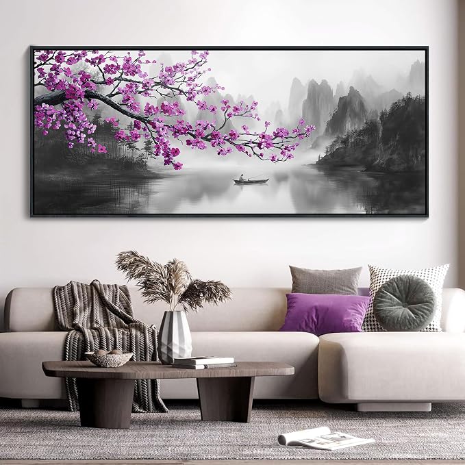 YDYSUNE Extra Large Purple Wall Art Decor for Living Room Bedroom Framed Black and White Landscape Full Moon Purple Flower Painting Canvas Picture Plum Blossom Artwork for Home Office 70x31IN