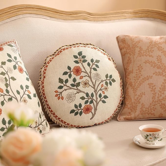 ISAENNE Designer Elegant Linen Throw Pillow Cover,Diameter 16"-Flora B | Vintage French Round Decor Pillow Cover,Concealed Zipper Design,Floral Pattern,Sofas,Bedroom,Living Room,Lounge Chairs