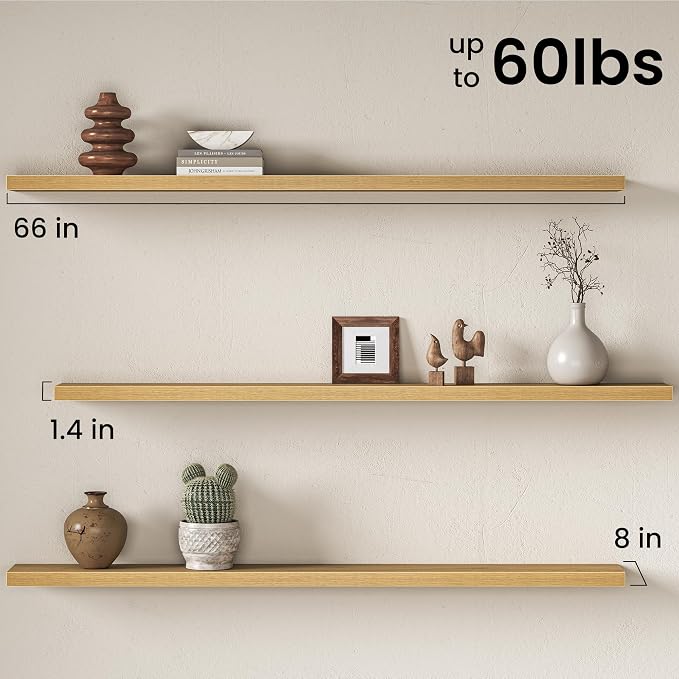 Floating Shelves for Wall, 66 Inch Floating Shelves Set of 2, Wall Mounted Rustic Wood Shelf for Bathroom, Living Room, Bedroom and Kitchen, Hanging Shelf for Storage, Books, Home Decor, Oak