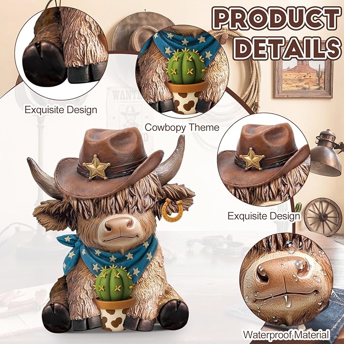 Wesiti 2 Pcs Cowboy Highland Cow Figurines, Western Resin Statue Set for Country and Farmhouse Home Shelf Decor, Cute Unique Gift for Cow Lovers and Collectors