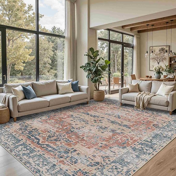 Rugxara 8x10 Area Rugs for Living Room Bedroom, Large Washable Rug, Coral Vintage Retro Boho Rug, Non Slip & Low Pile Faux Wool Thin Carpet for Indoor Dining Room, Kids Room(Coral Blue 8x10ft)