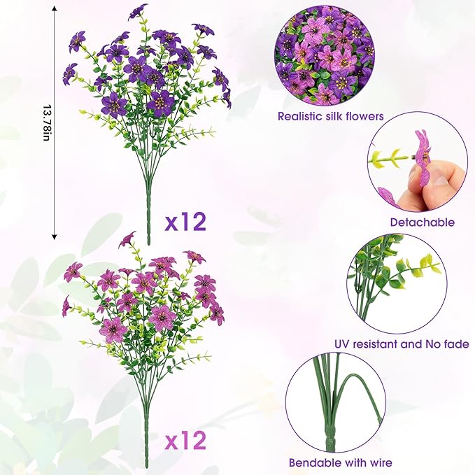 Ouddy Decor 24 Bundles Artificial Flowers for Outdoors Fake Silk Flowers Faux Plastic Plant UV Resistant for Spring Summer Porch Garden Yard Plants Wedding Indoor Outdoor Home Decoration, Purple Mixed