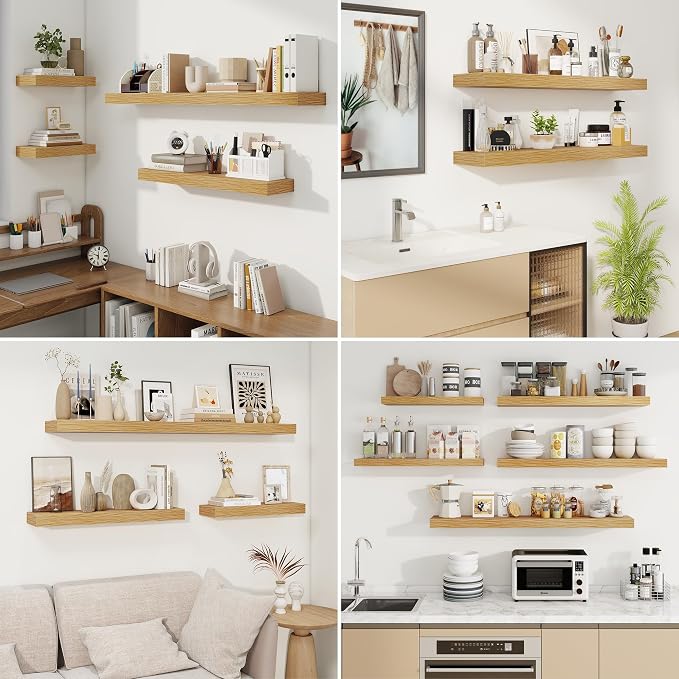 fuqing Floating Shelves for Wall, Wall Mounted Wood Floating Shelf with Invisible Brackets for Living Room, Bathroom, Bedroom, Kitchen Storage and Decor, 32 Inch Set of 2, Oak