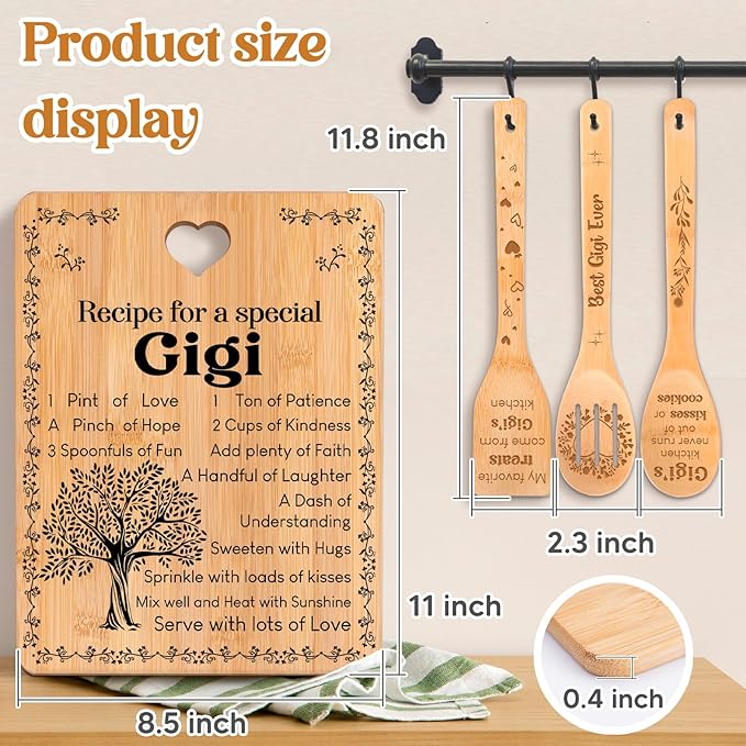 Gigi Gifts - "Recipe for a Special Gigi" Gigi Gifts for Grandma Cutting Board Set, Bamboo-Made Engraved Utensil Set Gifts for Gigi Cutting Board, Mothers Day Gifts for Gigi.