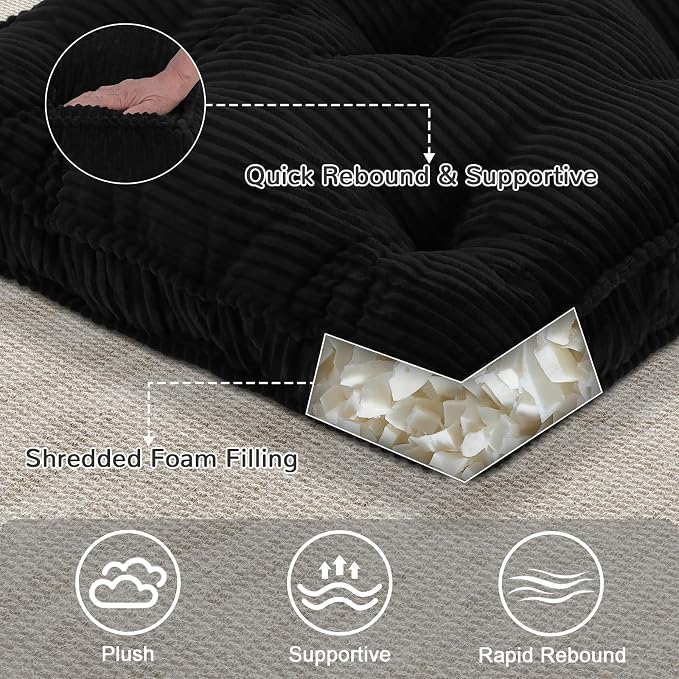 Meditation Floor Cushion, 22x22 Tufted Floor Pillow for Adults, Square Large Meditation Cushion Pillow, Black Corduroy Sitting with Handle, Yoga Seating for Tatami, 1Pack