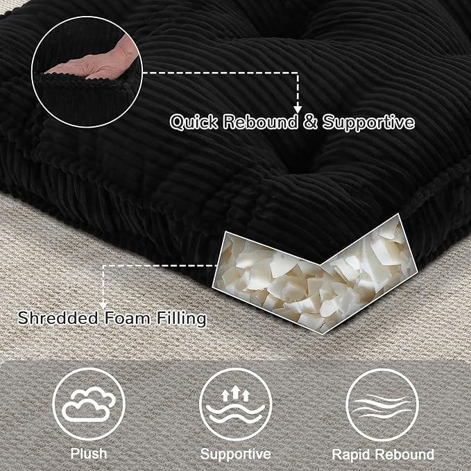 Meditation Floor Cushion Set of 2, 22x22 Tufted Floor Pillow for Adults, Square Large Meditation Cushion Pillow, Black Corduroy Sitting Pillow with Handle, Yoga Seating for Tatami