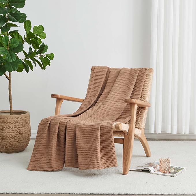 100% Cotton Taupe Blanket Twin Size for Bed - Breathable and Soft, Waffle Weave for Summer Spring, 90x66 Inches (Toffee)