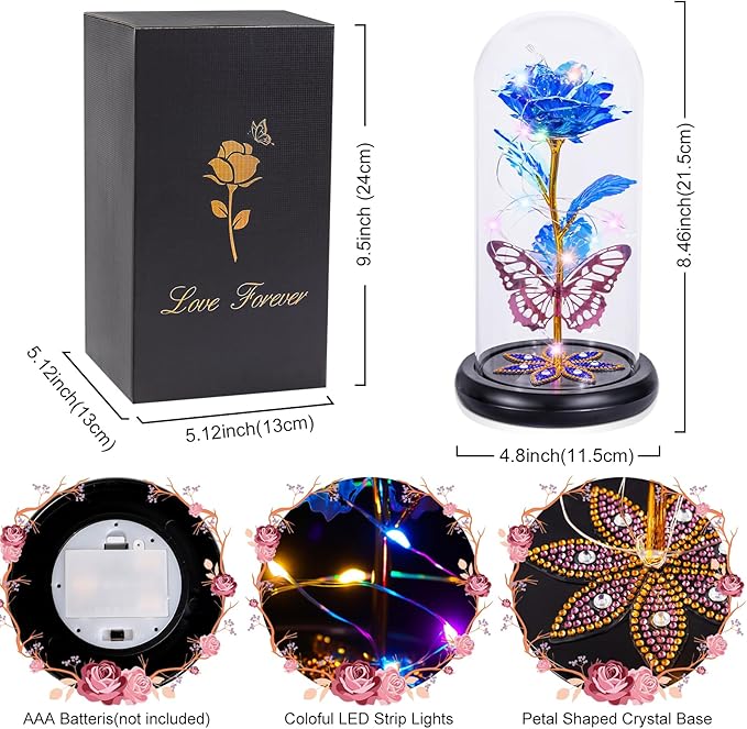 Mothers Day Flowers Gifts for Mom Women Birthday Gift Galaxy Glass Rose Forever Eternal Crystal Flowers Rose in Glass Dome with Butterfly Mother's Day Roses Gifts for Mom Daughter Wife Grandma Blue