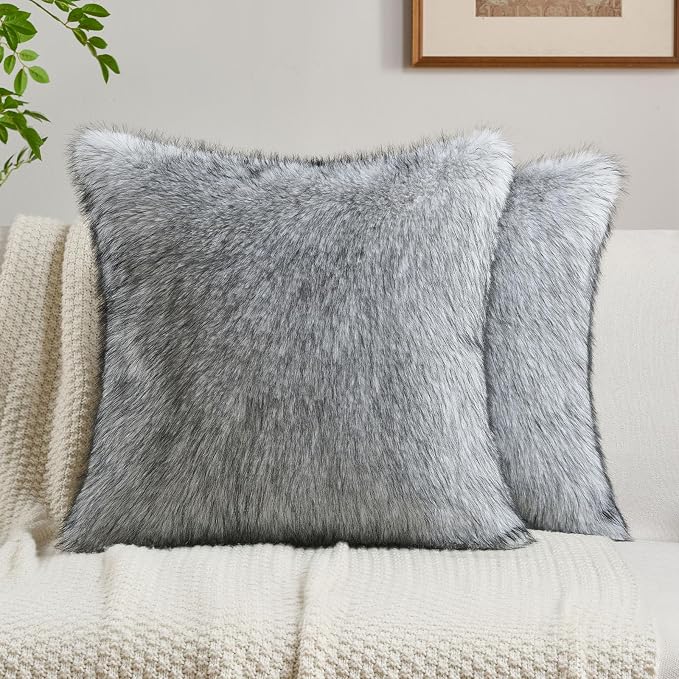 FUTEI Pack of 2 Faux Raccoon Fur Plush Throw Pillow Covers 18x18 Inch Soft Fluffy Farmhouse Decorative Cushion Case Modern Luxury Accent for Couch Bed Living Room, Black White