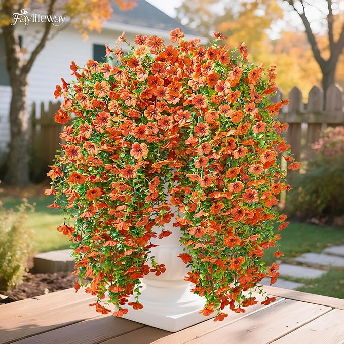 Artificial Hanging Flowers for Outdoors Fall Decoration, 4PCS UV Resistant Faux Silk Hanging Plants for Outside, Garden, Porch, Window, Home Decor (Orange, 4PCS)