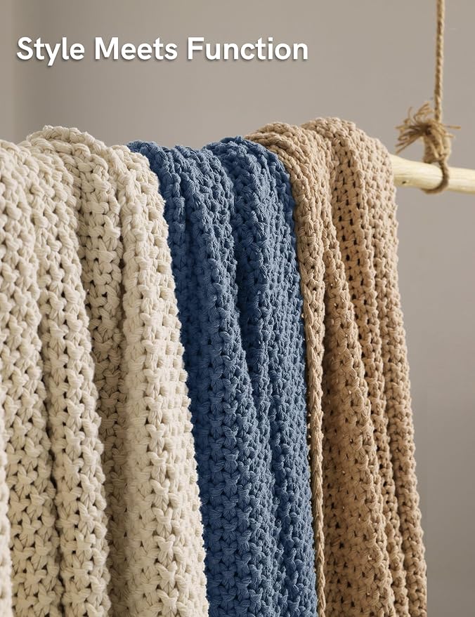 YnM Chunky Cotton Knit Throw Blanket, Cable Knit Throws for Bed Couch Sofa, Comfy & Relaxing, Decorative Piece for Farmhouse Modern Boho Rustic Scandinavian Chic Vibe, Denim Blue 60x80 Inches