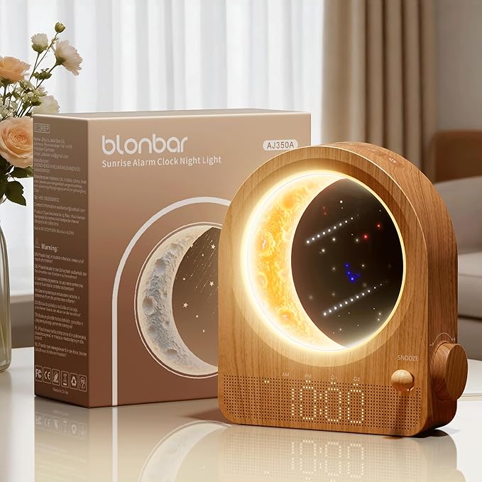 blonbar Sunrise Alarm Clocks with Dimmable Moon Lamp, 2 Alarm Clocks with 12Levels Volume for Heavy Sleepers, 10 Natural Sounds with 30/60/90mins Timer for Bedrooms, Gifts for Women (brown woodgrain).
