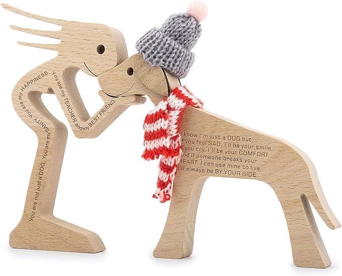 Wooden Woman and Dog Figurines Home Decor for Living Room (Large Size)